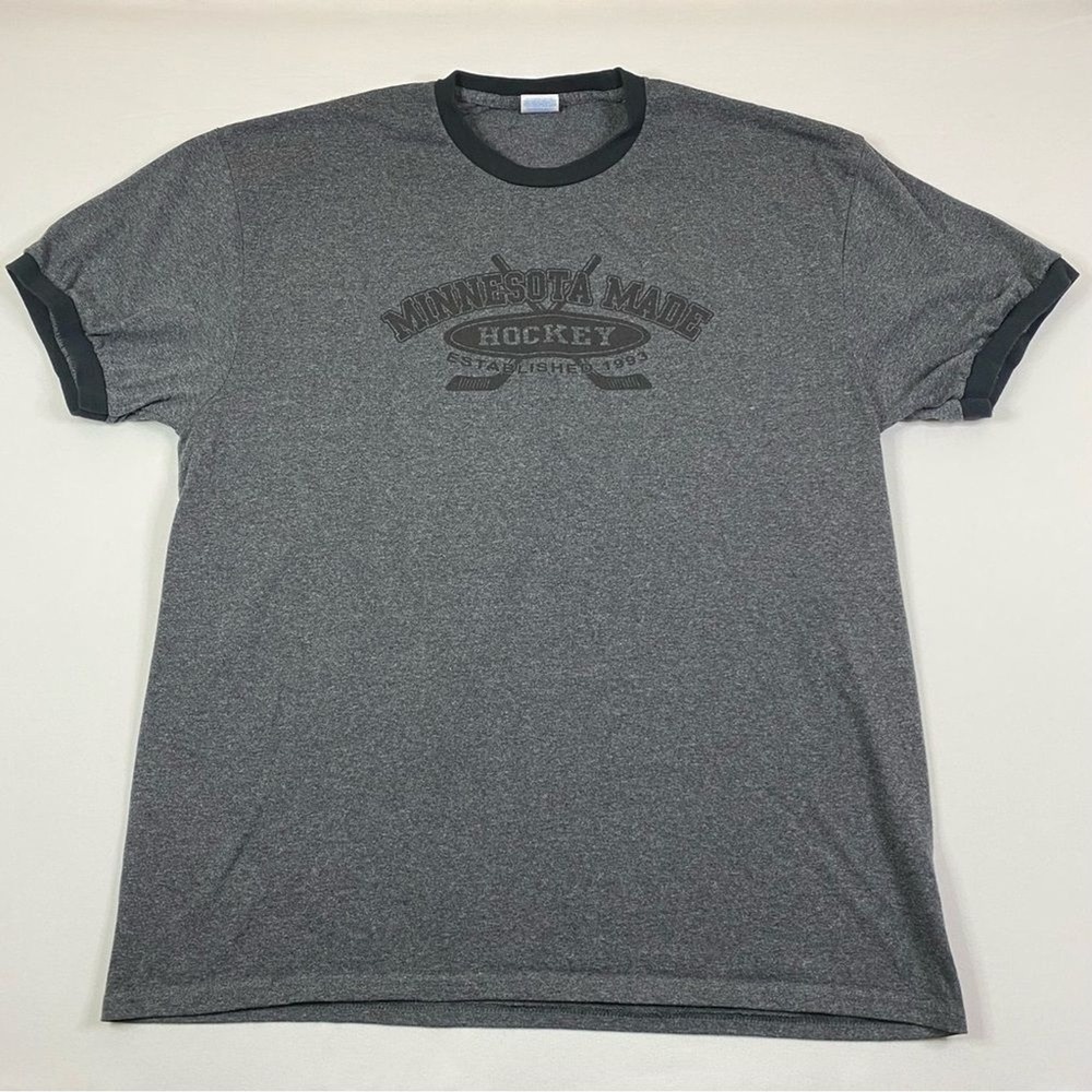 Minnesota Made Hockey T-Shirt Mens XL Grey Retro Ringer Collar‎ Midwest
